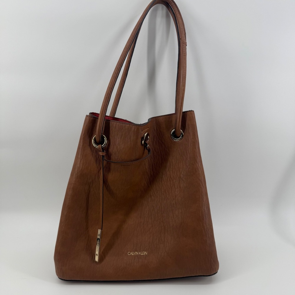 Calvin Klein Brown Faux Leather Bucket Bag Red Interior Tote Gold Hardware